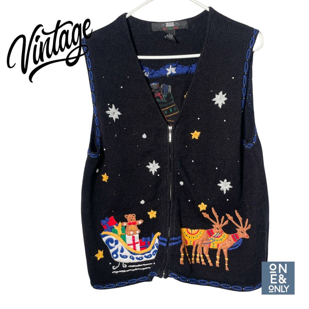 Vintage SEGUE Christmas Santa Reindeer Ho Ho Ho Zip Sweater Vest Grandmacore L